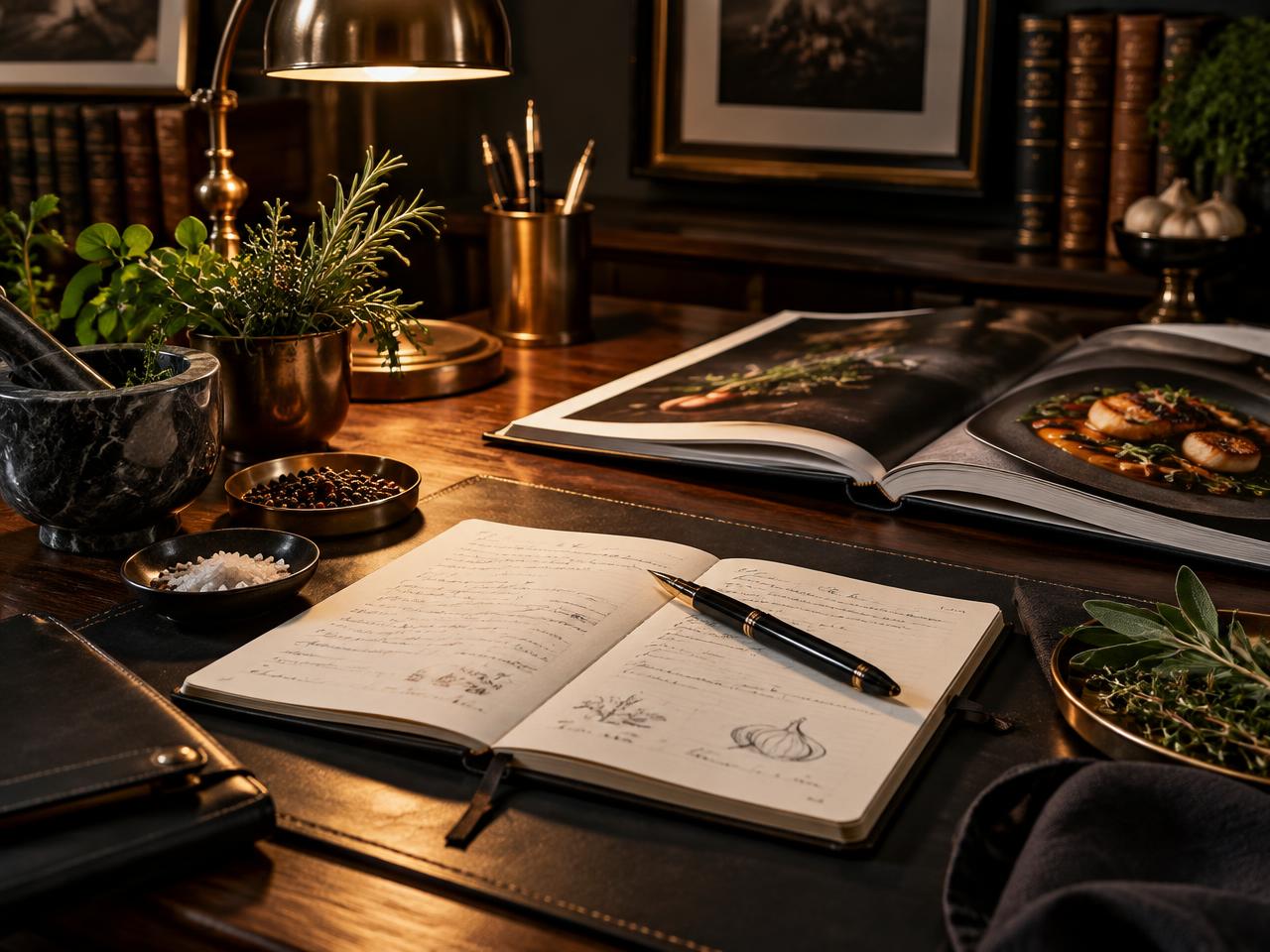 Espacio editorial de Alex Maia Cordeiro con libros y notas culinarias