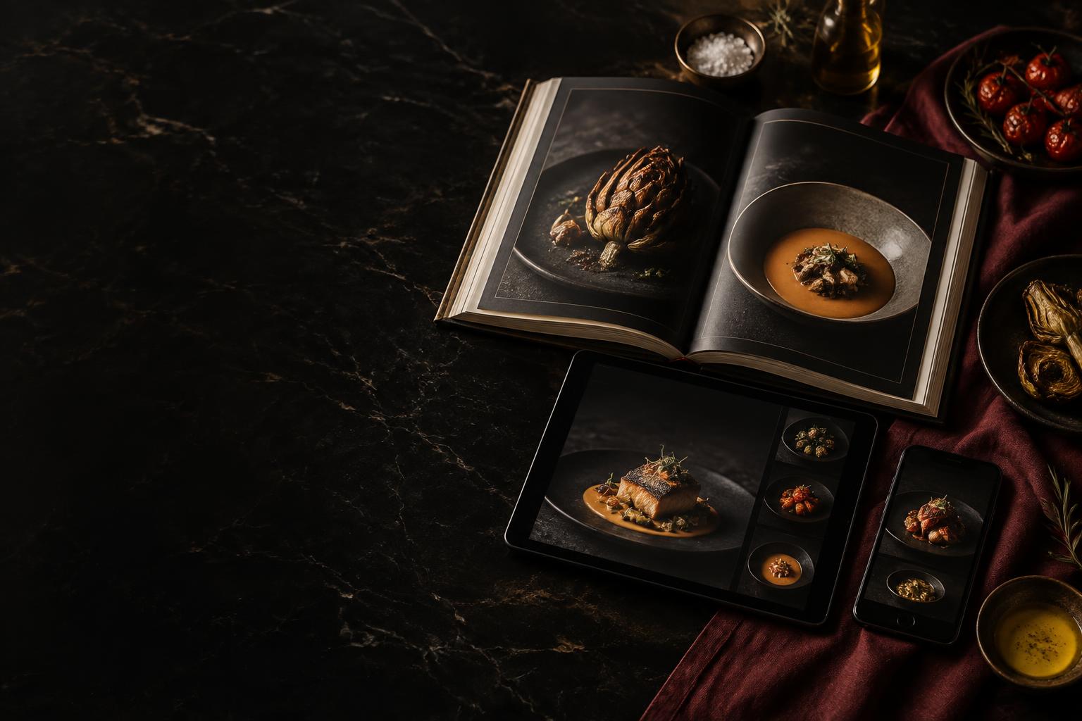 Colección editorial gourmet presentada en libro, tableta y móvil